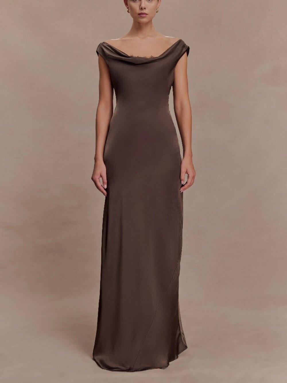 NWT Meshki Ashley Cowl Neck Lace And Satin Maxi Dress - Mocha